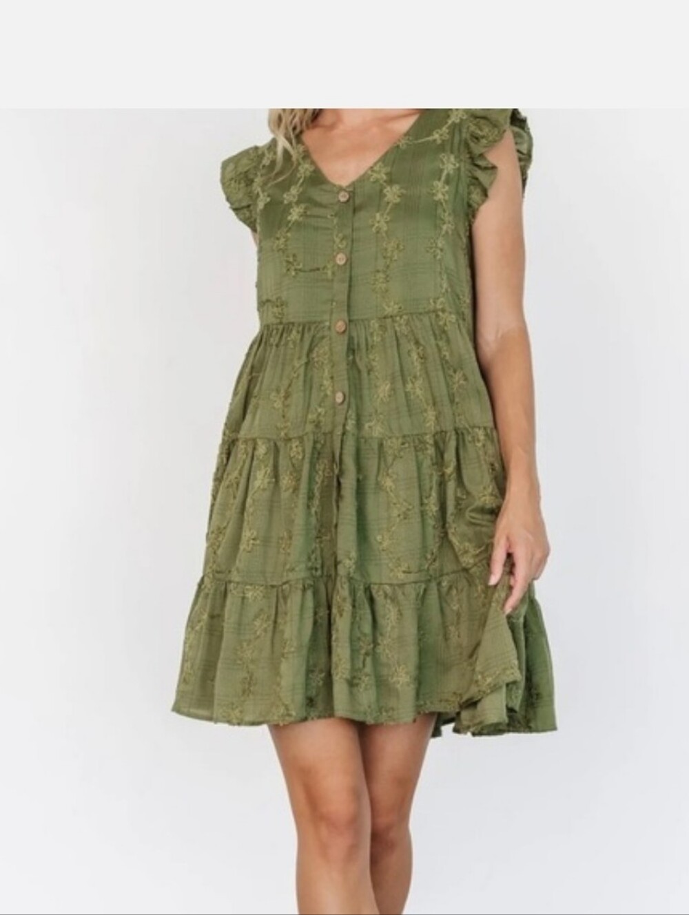 Baltic Born Olive Green Embroidered Tiered Mini Dress